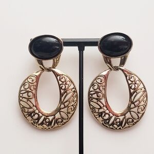 ~For @epicanales Only~Black Cabachon and Gold Scroll Door Knocker Earrings